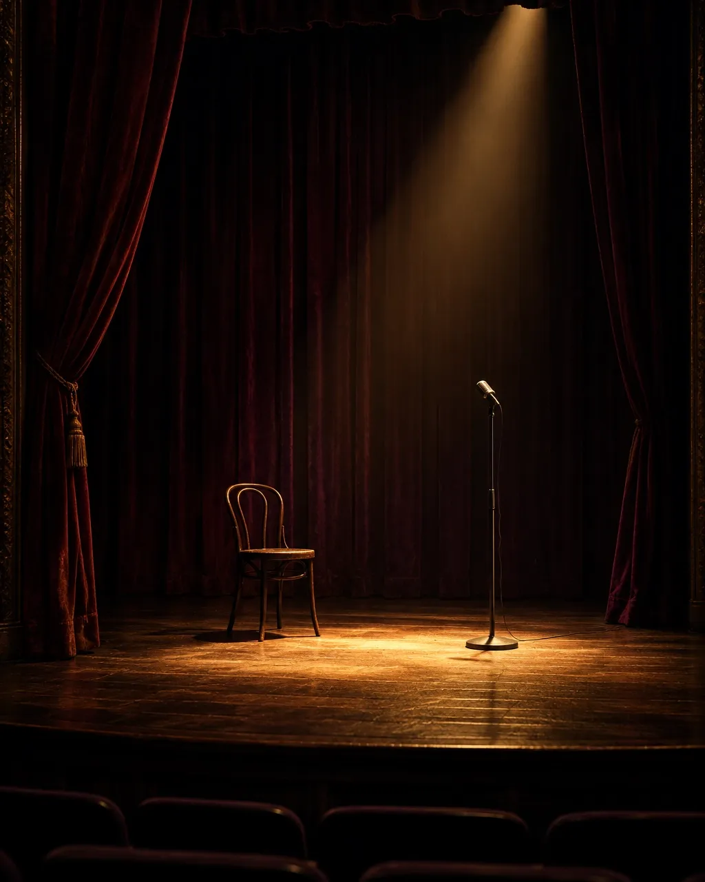 An empty theatre stage framed by oxblood curtains with a single warm spotlight, chair, and microphone stand